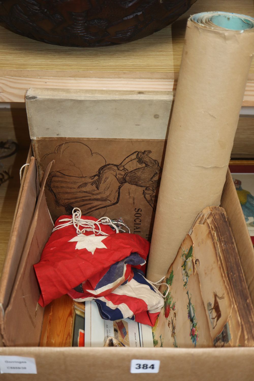 An Australian Naval ensign, a Union Jack stevengraph, a scrap book, a painted panel, a book The Social Ladder by C.D. Gibson, etc (9)